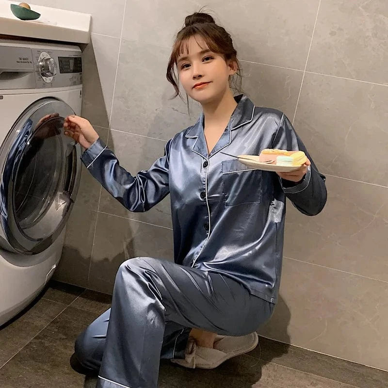 XL / Smoky grey 2024 Spring And Autumn New Ladies Large Size Lapel Silk Fashion Pajamas Fat Ladies Ladies Home Wear