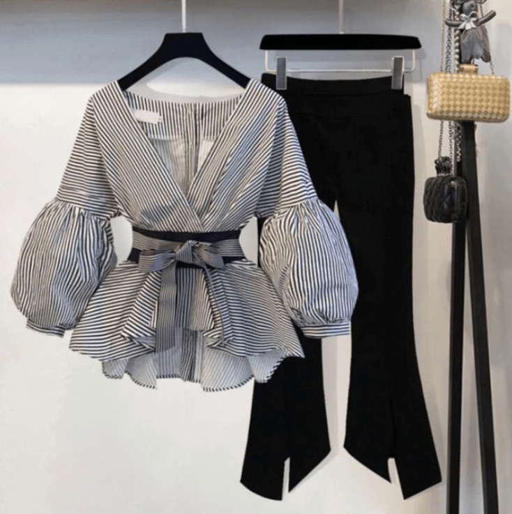 XL / Striped Autumn V Neck Puff Sleeves Print Striped Sashes Lady Two Pieces Sets