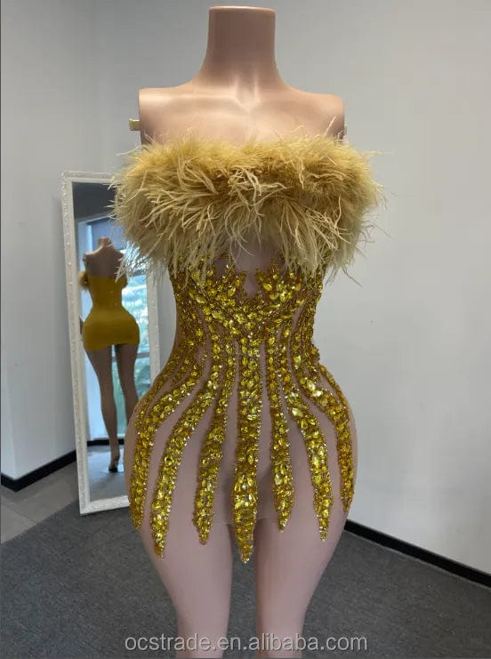 XL / TH0826073golden Ocstrade Off The Shoulder Glitter Full Body Rhinestone Blue Colour Club Dress Elegant Feather Birthday Dresses For Girls 21Th