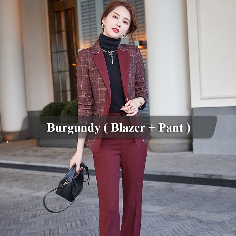 XL / Two piece Burgundy suits Wholesale Dropship OEM High-quality Burgundy 2 Piece Set Plaid Pant Suit Blazer Office Lady Design Women Jacket and Trouser