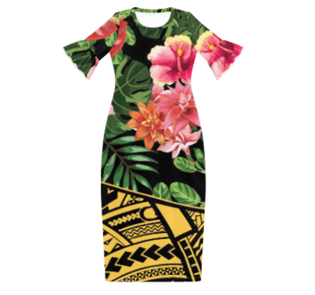 XL / VB-FA2582 Polynesian Tribal Maxi Dress Samoan Puletasi Plus Size Women's Clothing Hibiscus Island Dress Customized Crewneck Womens Dresses