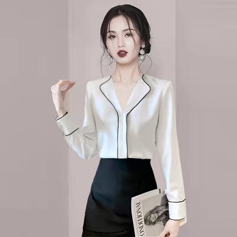 XL / White 2022 Spring New Hong Kong Style Business Temperament Fashionable V-Neck Shirt Women's Chic Design All-Match Top