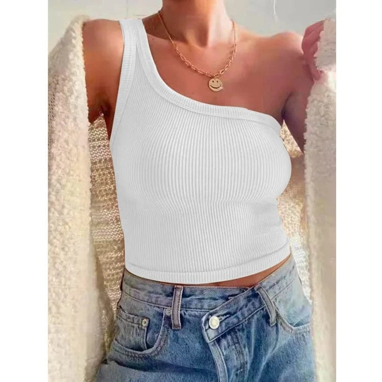 XL / White 2022 Wholesale Crop Tank Top Sexy Summer Outfits Ribbed Cotton One Shoulder Crop Tops for Women