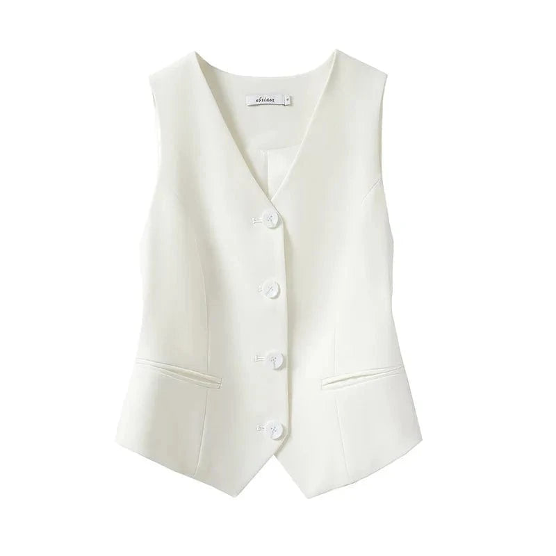 XL / White 2023 Women New Fashion Jacket Short Small Spring Autumn Vest Button Pocket Jacket V-Neck Small Sleeveless Lady Waistcoat