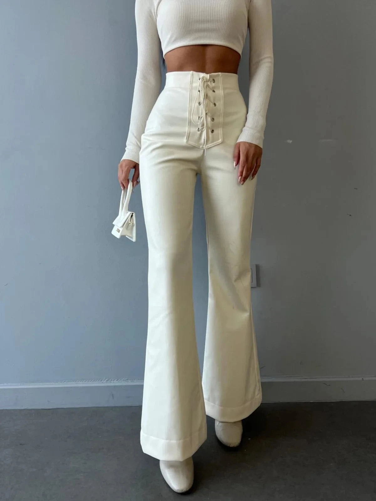 XL / White 2023  Women's Fashion Sexy High Waist Solid Color Long  Pants Straight Flared Leather Trousers Ladies Casual Loose Pants