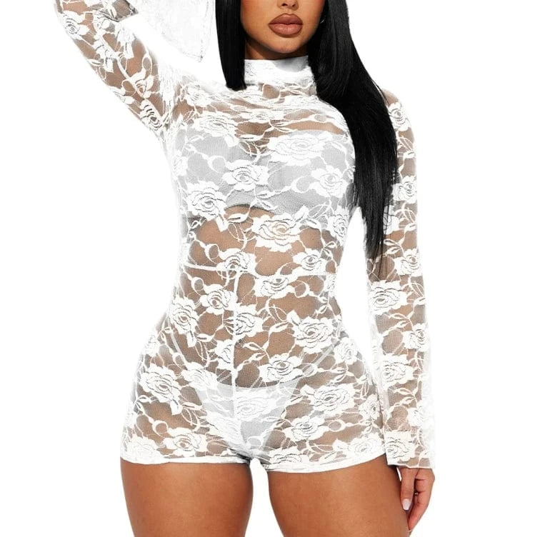 XL / White 2024 Sexy See Through Flower Lace Jumpsuits New Long Sleeve Women One piece Romper For Party Night Club Bodycon Outfits