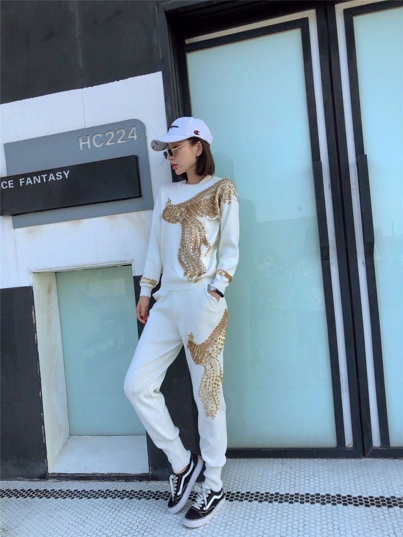 XL / White Autumn  New Women's European Station Sequin Bead Phoenix Long Sleeve Loose Knitted Shirt Pants Suit two piece set