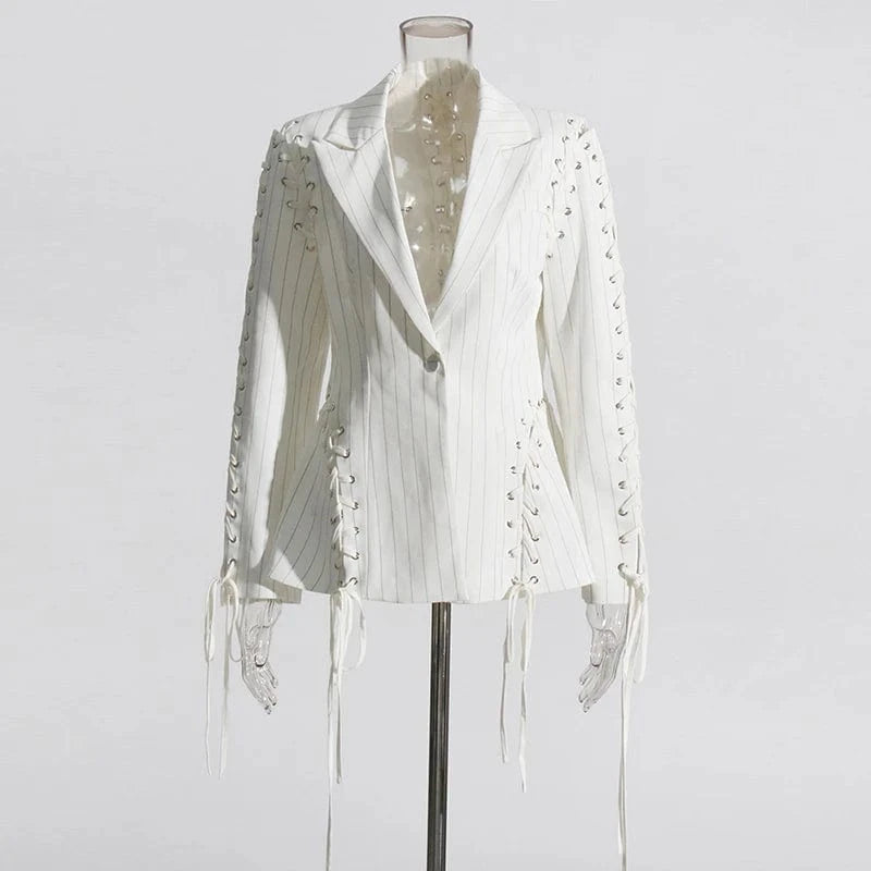 XL / White CHICEVER Fashion Notched Collar Long Sleeve Single Button Jackets For Women 2023 Blazer