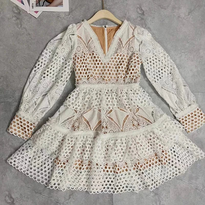 XL / White CHICEVER Fashionable Casual High Waist Long Sleeve Hollow Out Elegant Women Summer Dresses