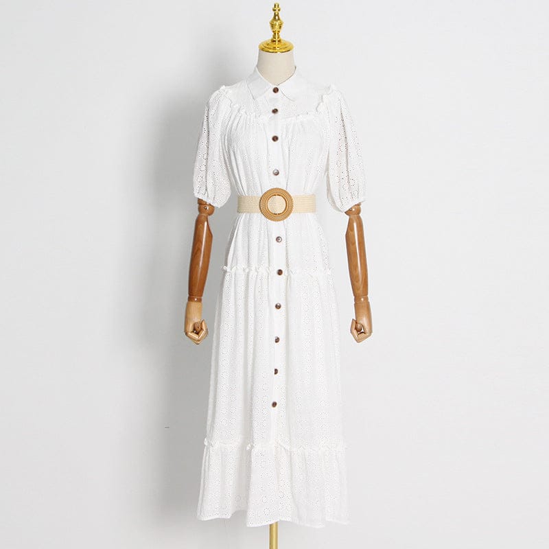 XL / White Design Sense Holiday Temperament Elegant Style Long Skirt 2022 Autumn New Lapel Short-sleeved Single-breasted Hollow Dress