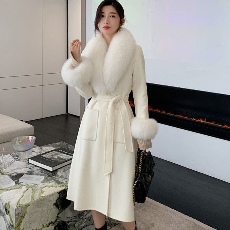 XL / White Elegant Style Real Fox Fur Collar Cuffs Women's Winter Long Coats Double Face Wool Cashmere Coat