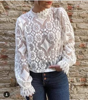 XL / White Fashion Ladies Loose Blouse Shirts femme Stand Collar Women Lace Tops