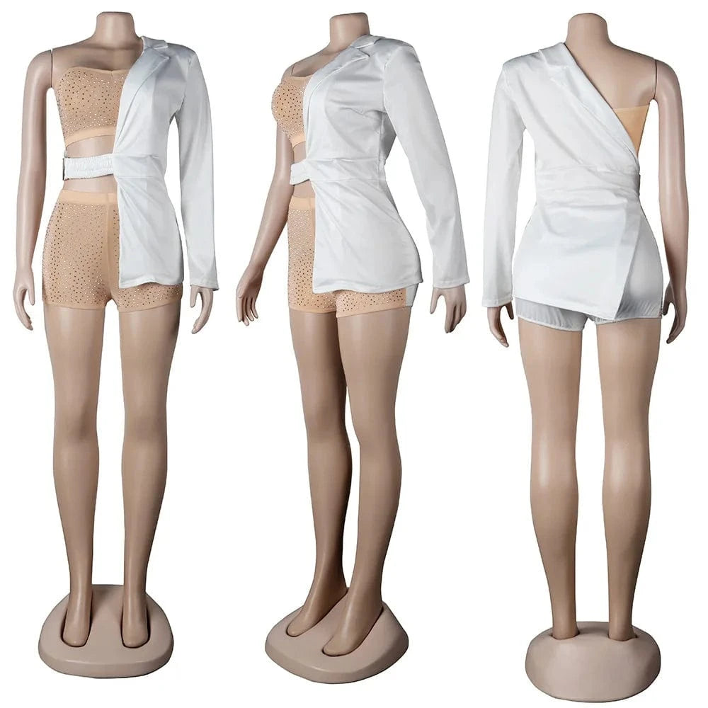 XL / White Fashion Women 3 Piece Set Shiny Rhinestone Tube Top + Mesh Shorts + Half Solid Color Jacket Sexy Lady Club Wear