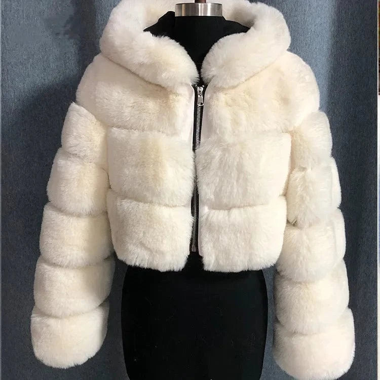 XL / White Faux Fur Cropped Top Jacket  For Women  Fashion Short Style Plus Size  Fake wedding white Black Fur Cropped Winter Coat for Lady