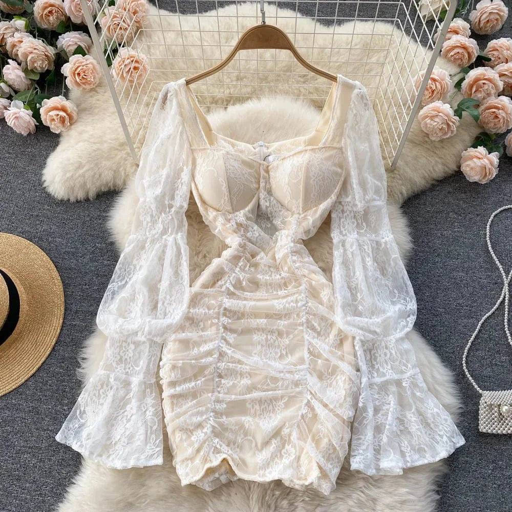 XL / White French Square Neck Lace Sheer Lantern Sleeve Skinny Mini Short Dress