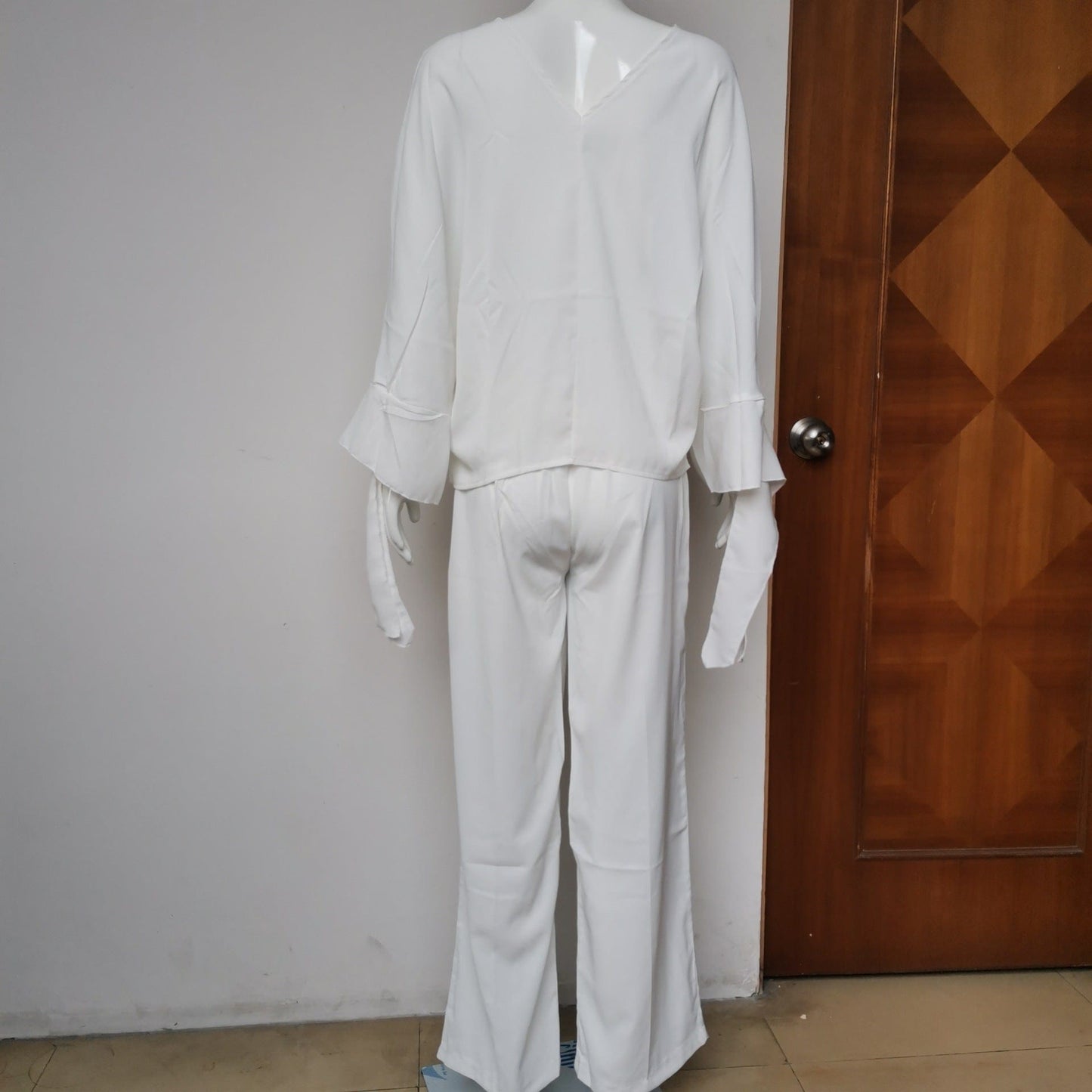 XL / White GX0148 New 2023 spring fall fashion long sleeve V-neck shirt and wide-leg pant matching suits 2 piece set for women street wear