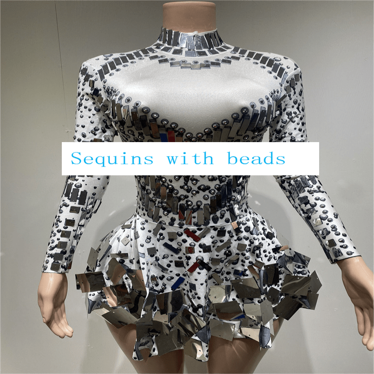 XL / White Handmade Sparkling Sequin Bling Dress Festival Long Sleeve Slimming Performance Wear Party Night Club Dress