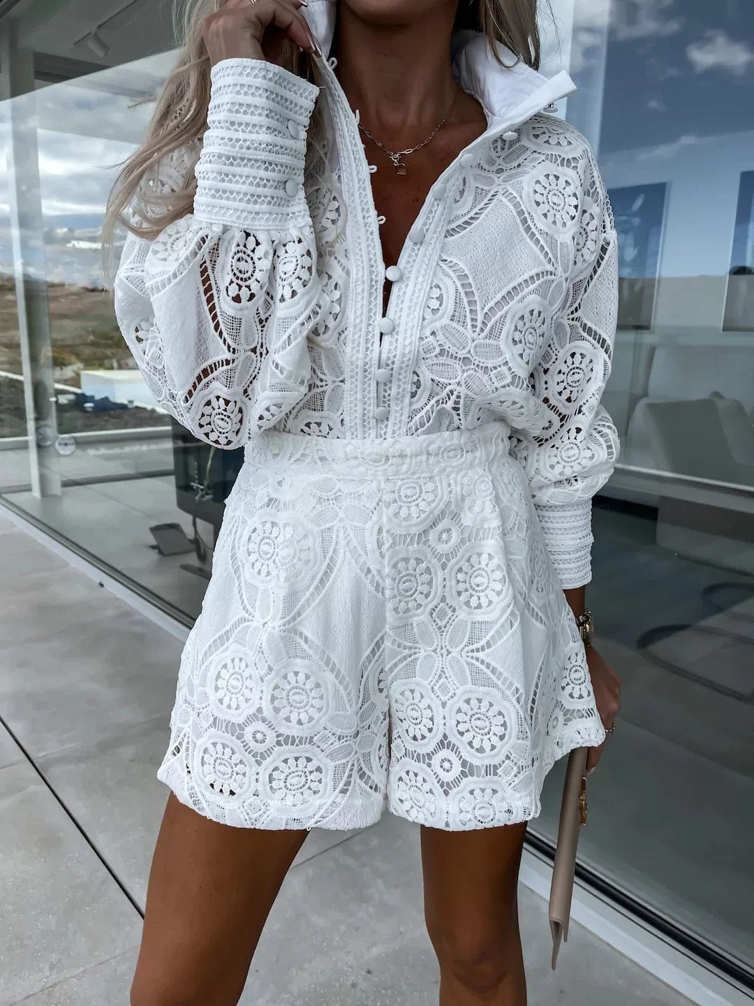 XL / White PDEP  2023 summer solid color single-breasted stand up collar long sleeve lace women lounge wear  2 piece short set