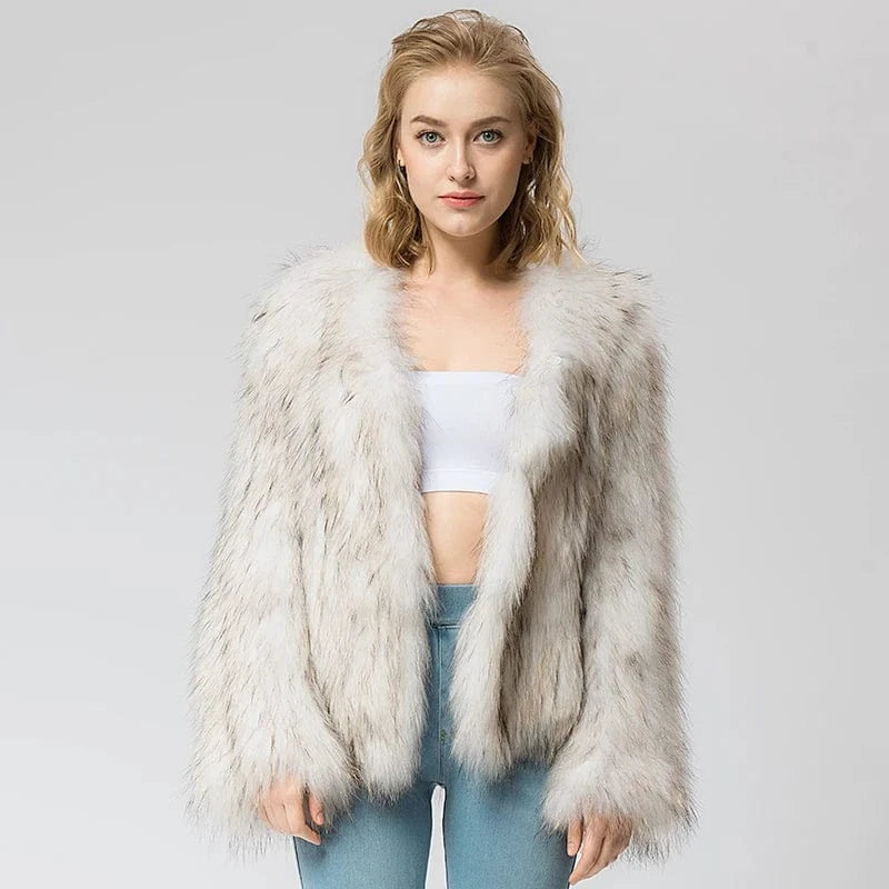 XL / White Pudi CR035 knit knitted Real raccoon fur coat jacket overcoat high quality women'sr warm genuine fur coat