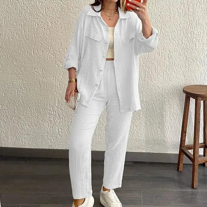 XL / White S-2XL New Double layered Crepe Loose Large Lapel Long sleeved Shirt Casual Set