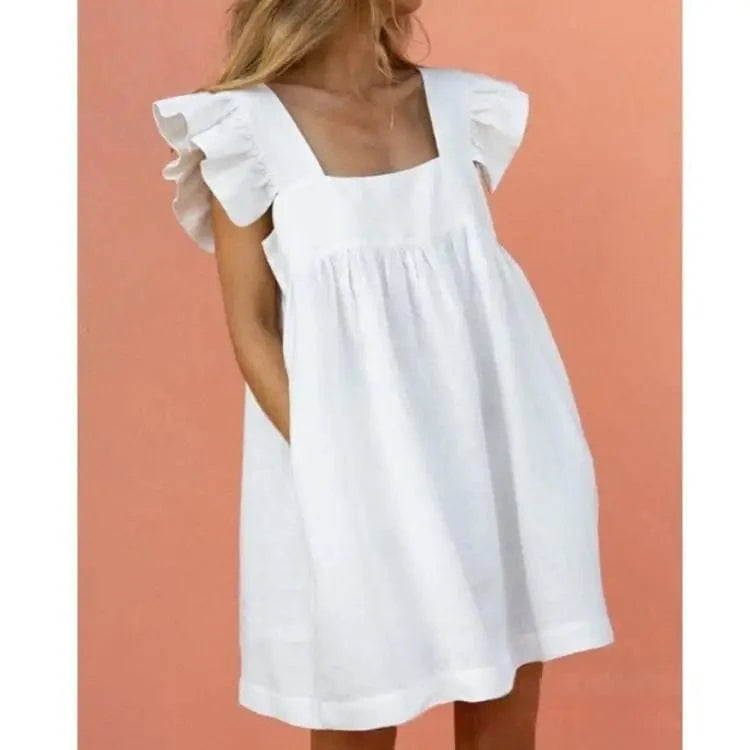 XL / White S-XXL Summer New Dress Fragmented print color blocking square neck ruffle edge sleeve solid color large hem dress