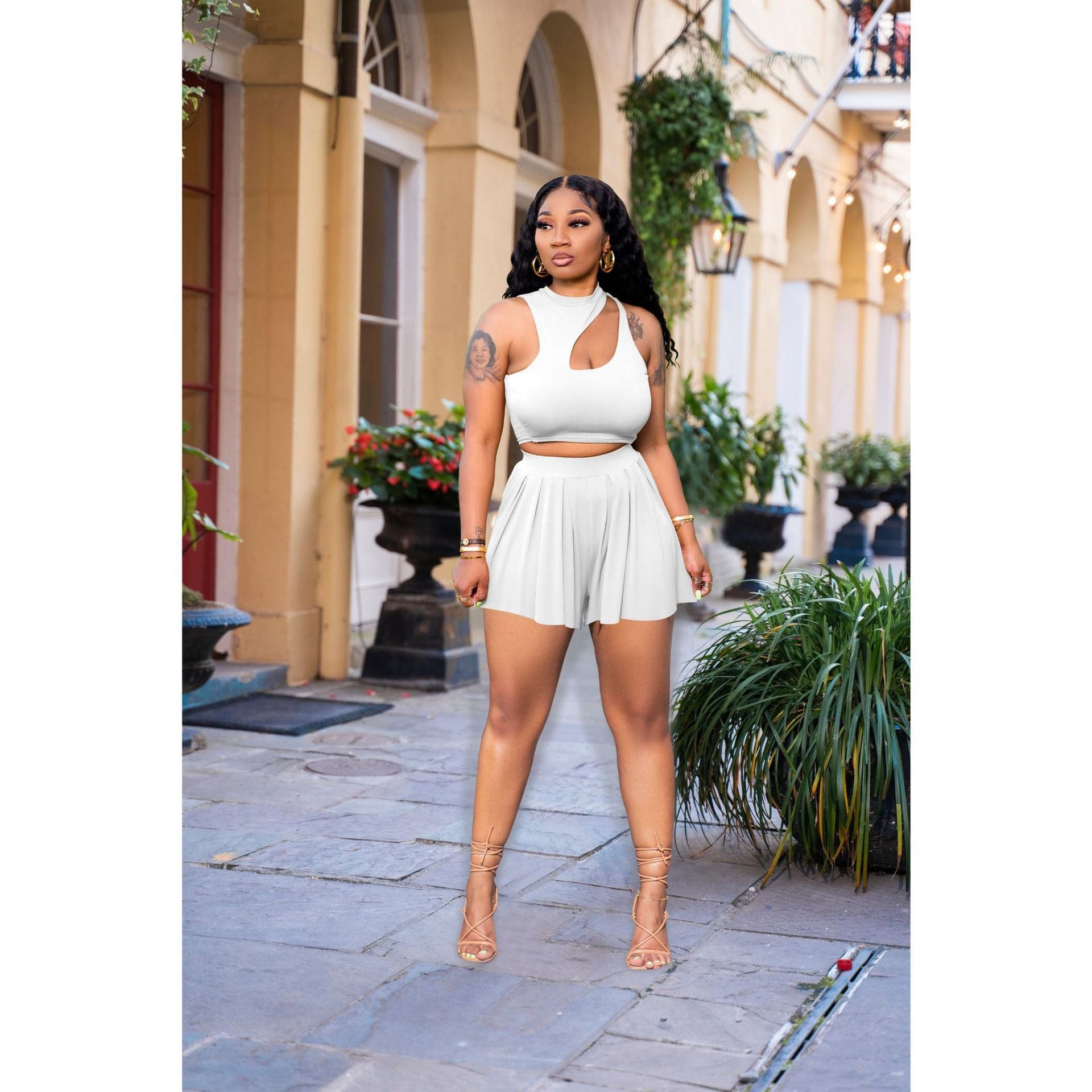 XL / White Sharee Custom Clothing Summer Two Pieces Hollow Crop Tank Top Pleated Tennis Skirt Set Women Clothing 2 Piece Skirt Sets