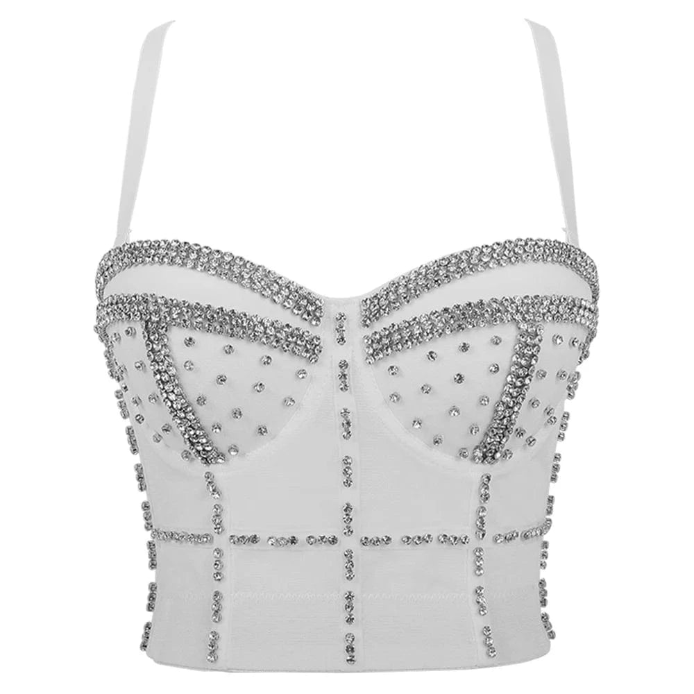 XL / White Silver Wholesale Sexy Ladies Back Snap Sling corsets tops Drill chain Sling corsets tops for women