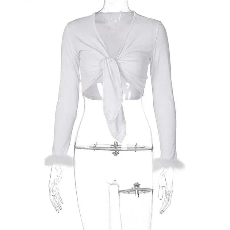 XL / White / Spandex / Polyester 2024 Long Sleeve Fur V-neck Wrapped Bandage Sexy Crop Tops Autumn Winter Women T-shirts