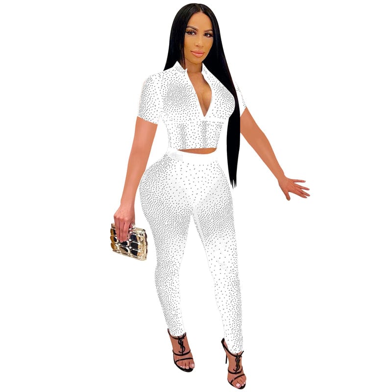 XL / White summer 2023 women sexy stretch shining rhinestone crystal mesh fabric two 2 piece crop top pants leggings set clothes applique