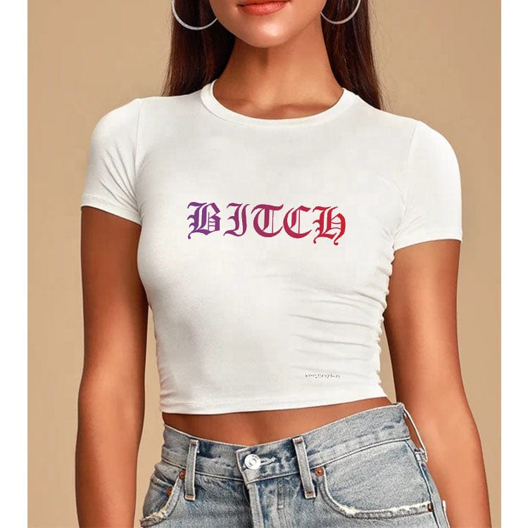XL / White-T09-69529337 High Quality Round Collar Customized Printed Crop Top   Lady 100% Polyester Women Cropped T-shirt