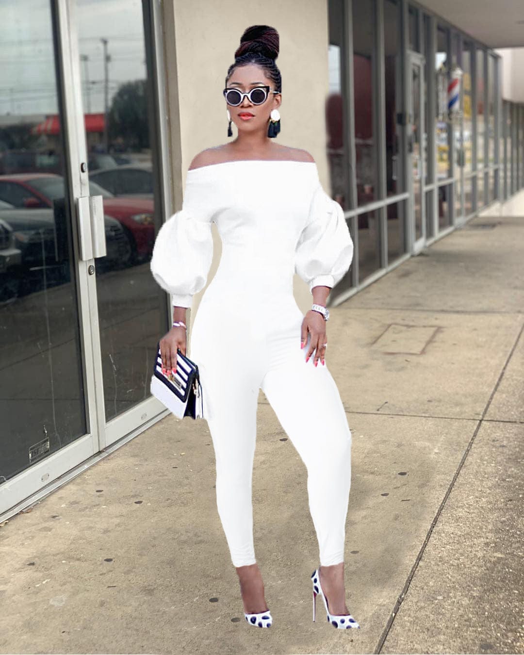 XL / White Trendy Women Clothes Women's Fashion Off Shoulder Lantern Sleeve Jumpsuit