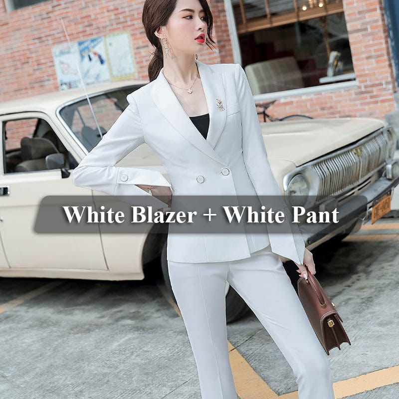 XL / White Two Piece Set Office Lady Pant Suit Fashion Designs Women Business Suits Blazer with flares trousers