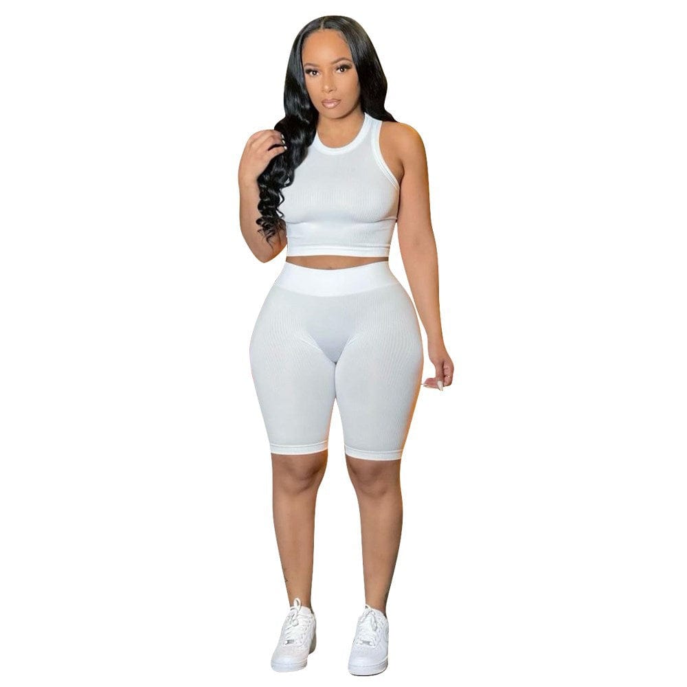 XL / White women's 2 sets clothing spring summer ladies solid color casual pit strip sports biker shorts tank top women slim two piece set