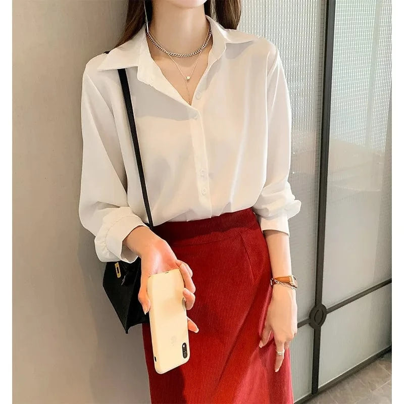 XL / White Women's chiffon shirt Spring and Autumn 2023 New fashion Design niche top Loose overlaid White shirt Base shirt