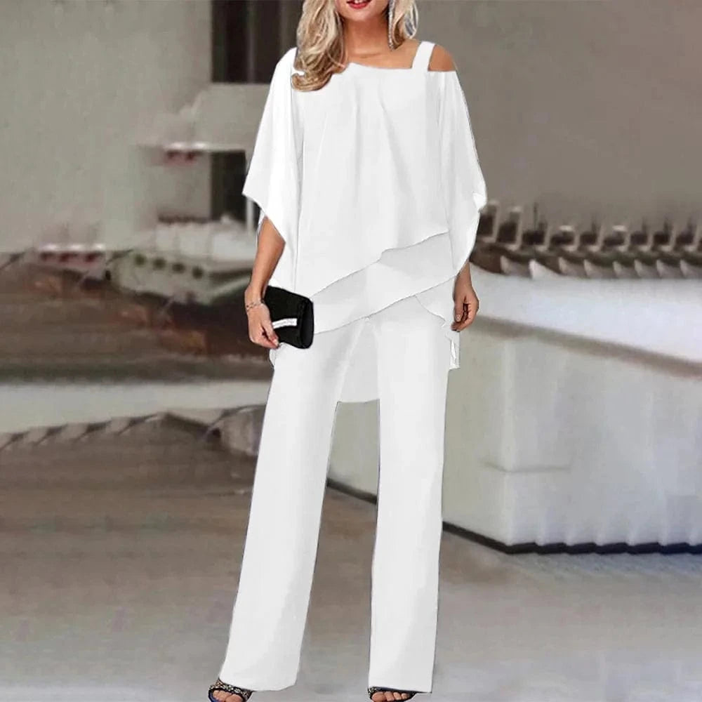 XL / White Women's suit New European and American Fashion Solid color Loose casual Bat sleeve Irregular Two-piece set