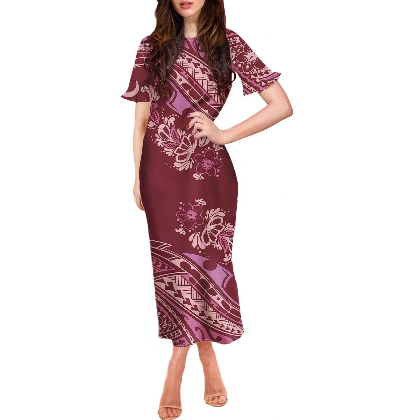 XL / XMGW3813D90 Stretchy Women Sexy Dresses Samoan Polynesian Print Summer Customize Dresses Ruffle Short Sleeve Casual Long Womens Party Dress