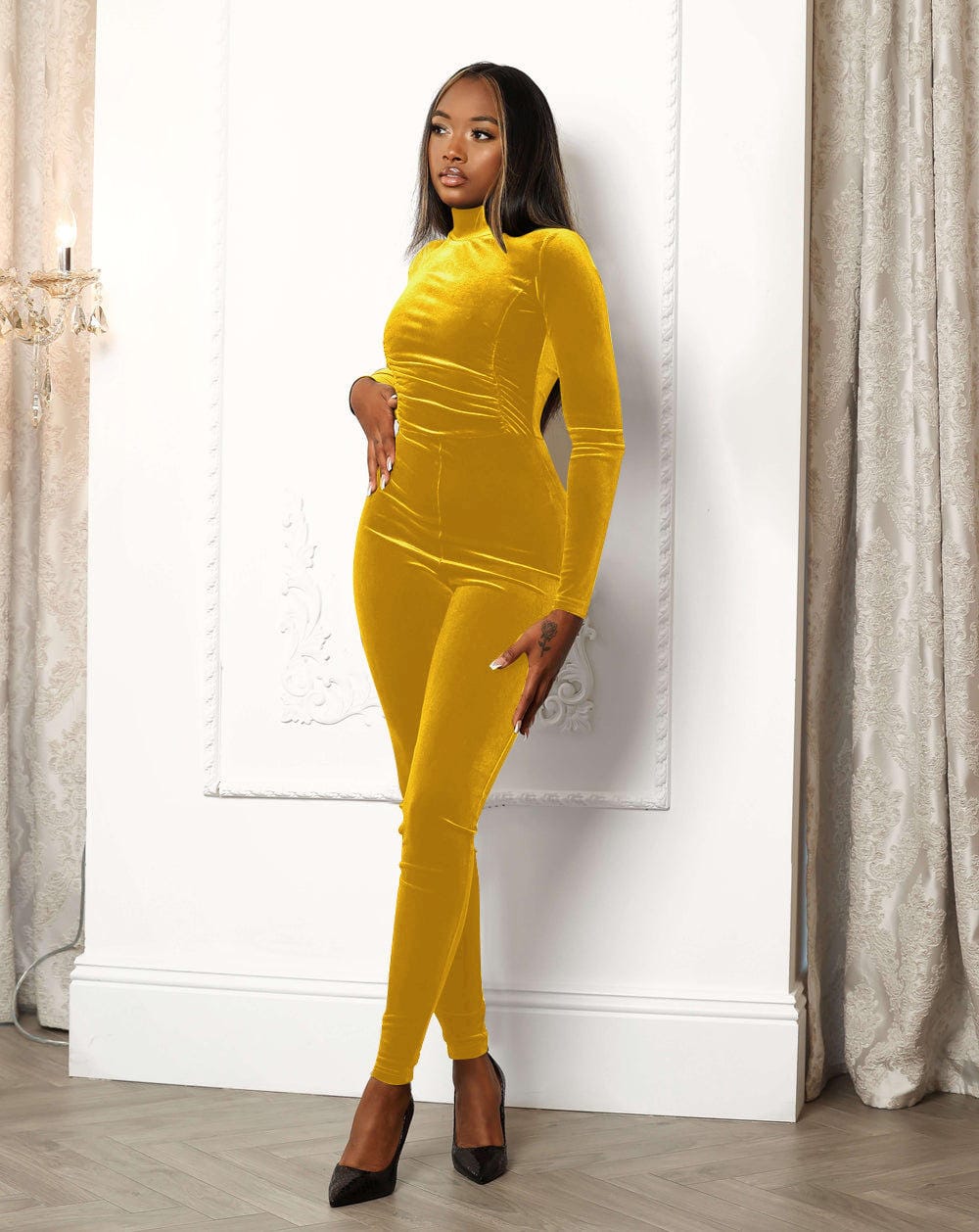 XL / Yellow 2023 Overalls Long Sleeve One Piece Jumpsuit Bodycon Jumpsuits Winter Fall Elegant Velour Velvet Jumpsuit Woman