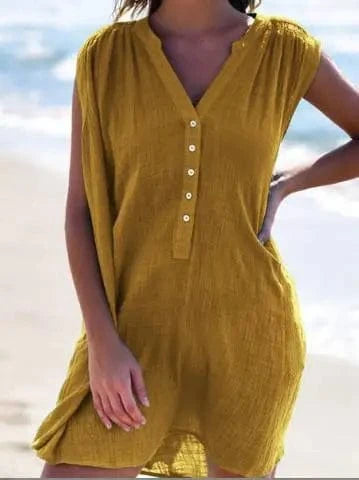 XL / Yellow 2024 New Fashion Spring Summer Best-Selling Women's Solid Color V-neck Shirt Dress Cardigan Sleeveless Midi Dresses