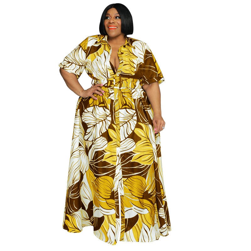 XL / Yellow Amazon 2022 summer new women print long casual wear large size short sleeve loose dress