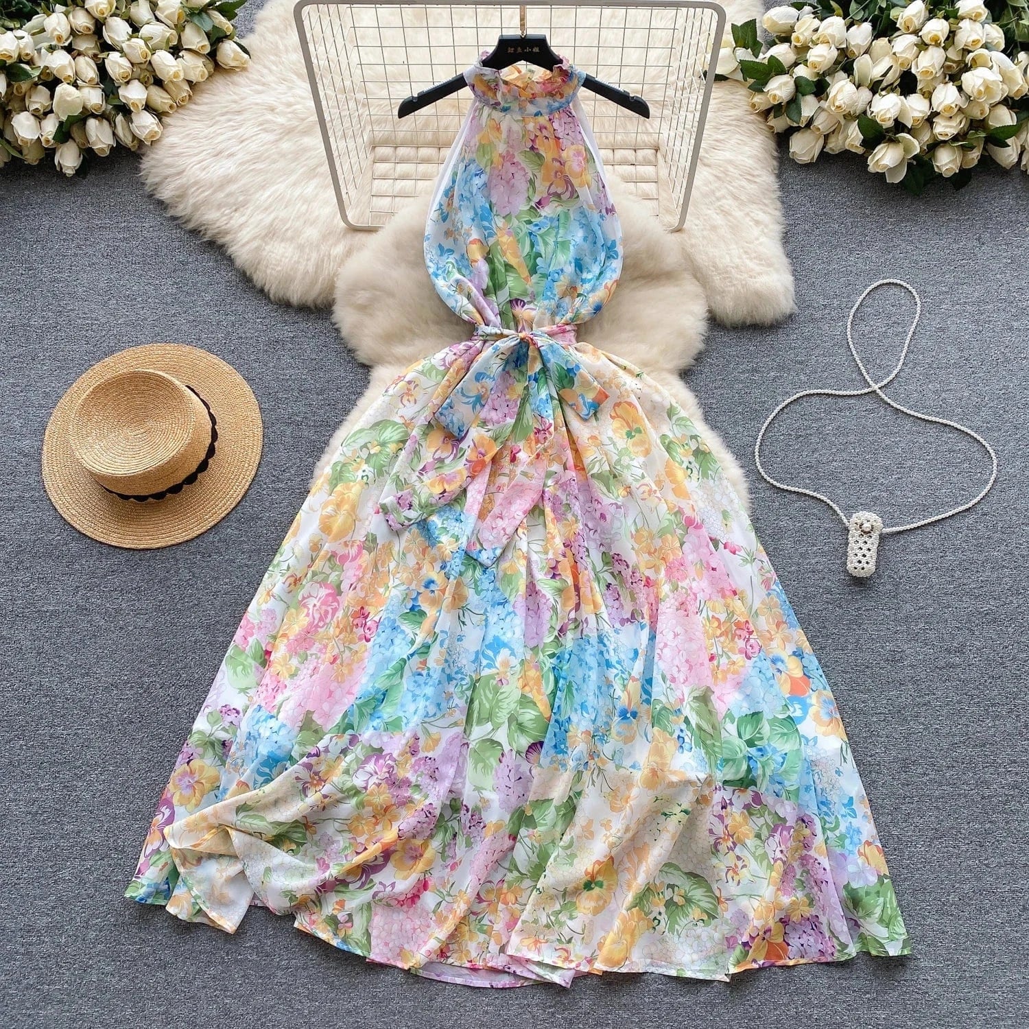 XL / Yellow Fashion Beach Hanging Neck Women Slim Sleeveless Printed Tank Dresses Vacation Dresses