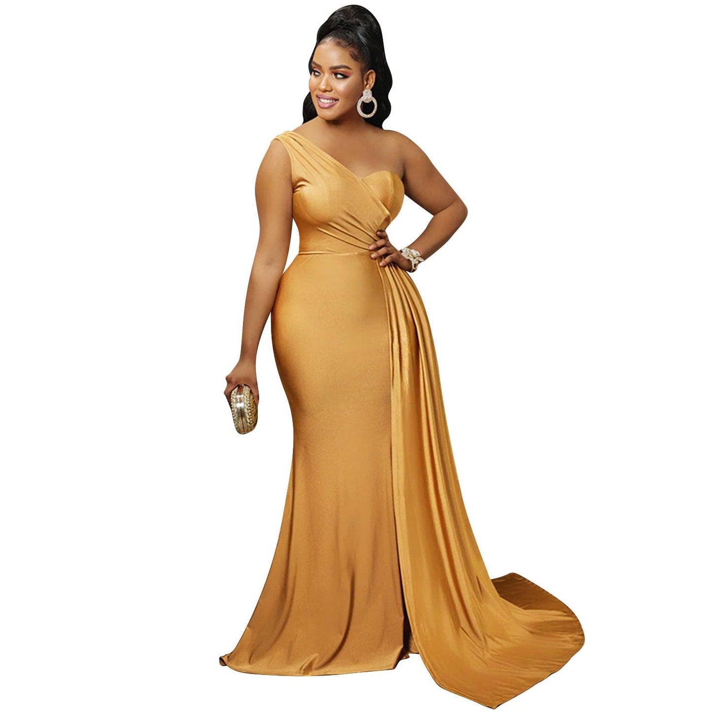 XL / Yellow Fashion Solid Bridesmaid Dresses One Shoulder Sleeve Ladies Elegant Wedding Party Skinny Long Prom Evening Dress Women