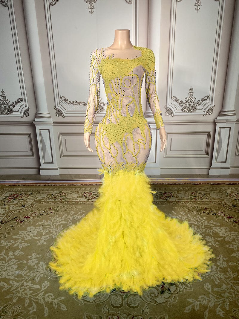 XL / Yellow / Floor Length NOVANCE gorgeous pearls evening dress 2023 sparking elegant feather light blue long dress with rhinestones wedding dresses