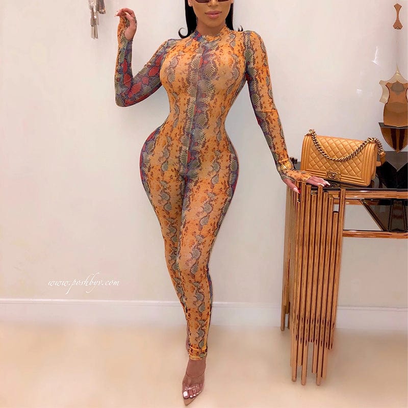 XL / Yellow JANHE combinais Roupas femininas Lady snakeskin long sleeve jumpsuit Skinny Leopar Zipper Sport Women Bodysuit Playsuit Jumpsuit