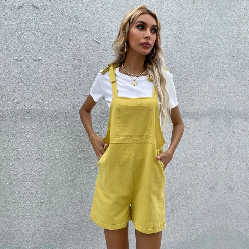 XL / Yellow Newest Fashion Casual Overalls Solid Color Linen Sleeveless Adjustable Shoulder Strap Suspender Trousers
