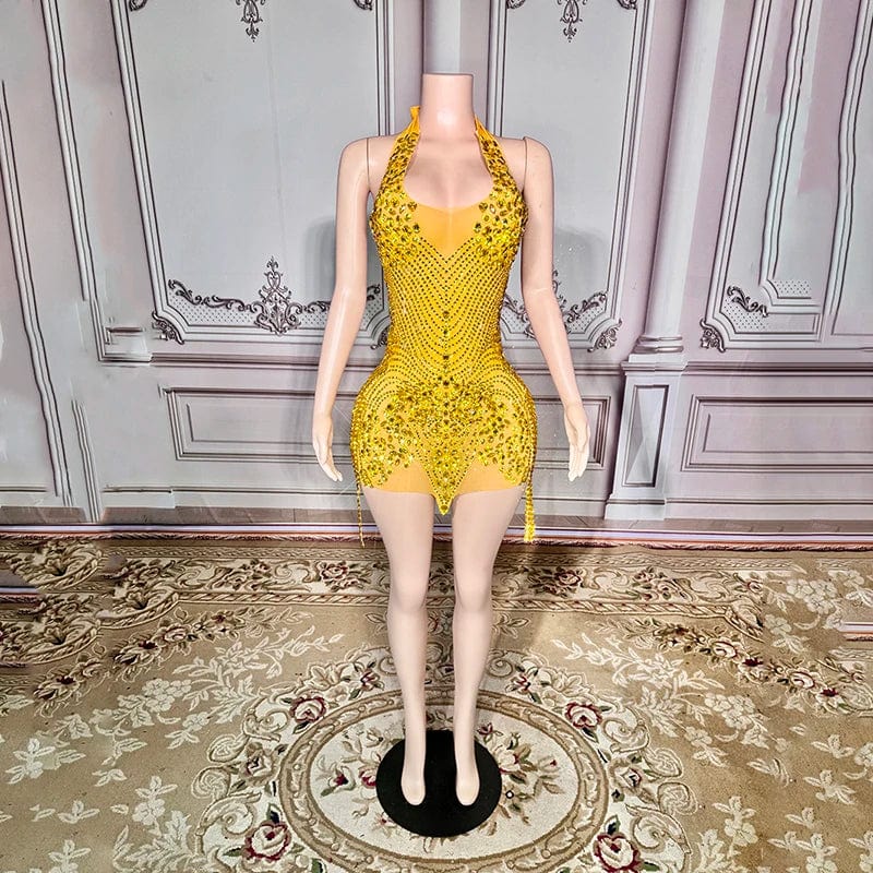 XL / Yellow Novance Y3239 Latest America New Fashion Ladies Fashion Dresses Diamonds Mesh Beaded dresses Luxury High Neck Shirts for Party