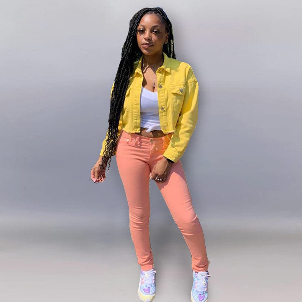XL / Yellow PN-6335 Women'S Jacket Fashion Multicolor Frayed Denim Jacket