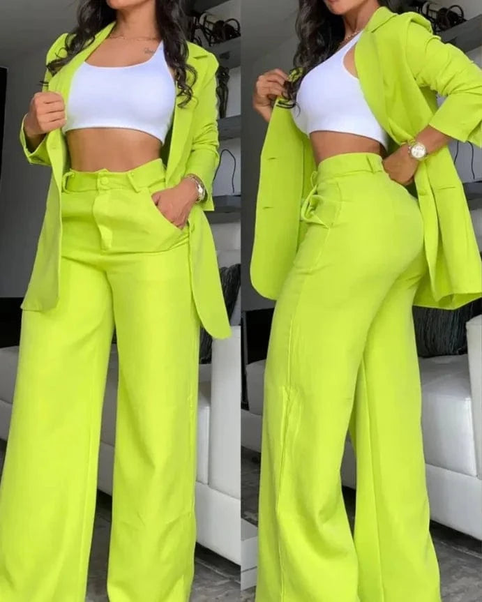 XL / Yellow S-3XL Women's Elegant and Elegant Solid Color Split Sleeve Flip Collar Suit Pocket Straight leg Trouser Set