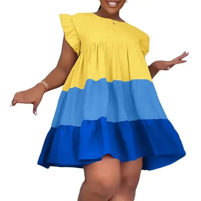 XL / Yellow S-XXL Spring/Summer Round Neck Ruffle Edge Sleeves Contrast Panel Large hem Loose fitting Dress