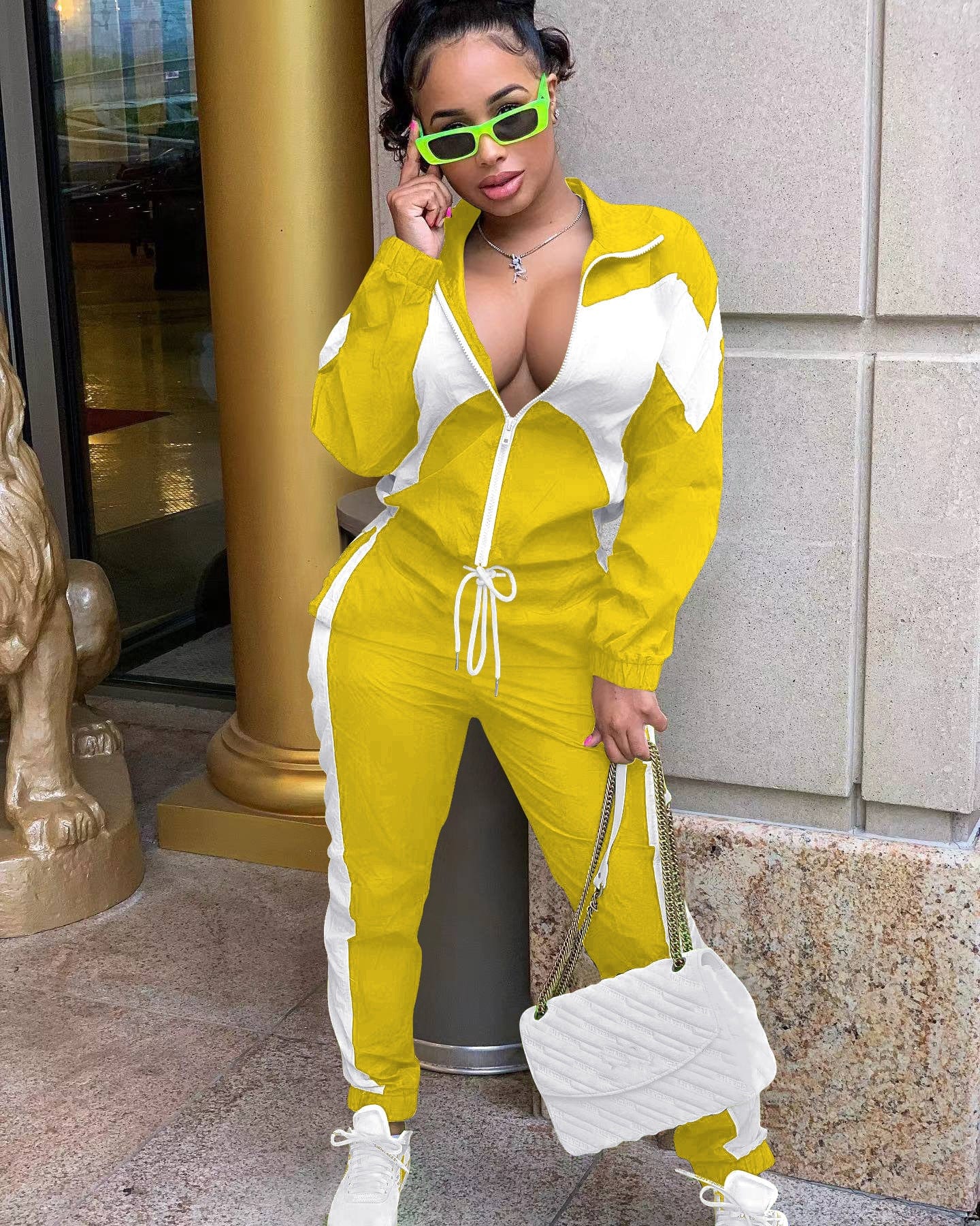 XL / Yellow Sharee spring 2023 women s clothing Contrast Color female sweatsuits ladies track suit 2 piece set