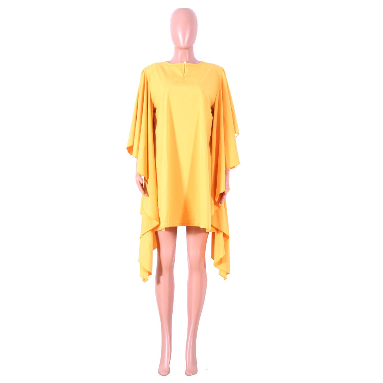 XL / Yellow Summer Yellow Loose Large Size O Neck Pleated Batwing Sleeve Dress Casual Lady